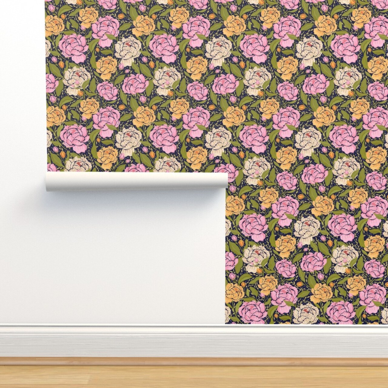 Peony Flowers Floral Spring Garden Botanical Peonies Pink Yellow Green Cottagecore Custom Removable Wallpaper by Spoonflower Peel & Stick Wallpaper 2FT Wide